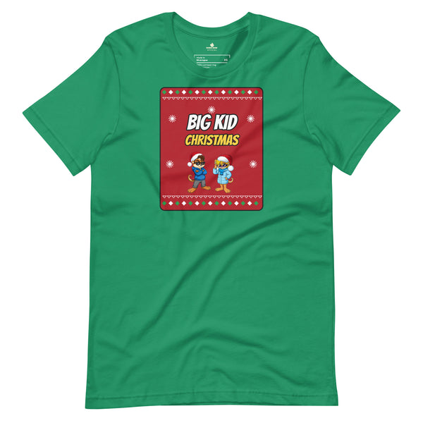 Kelly green Big Kid Christmas Sweater Tee with Munk and Chik in Santa hats on a sweater panel