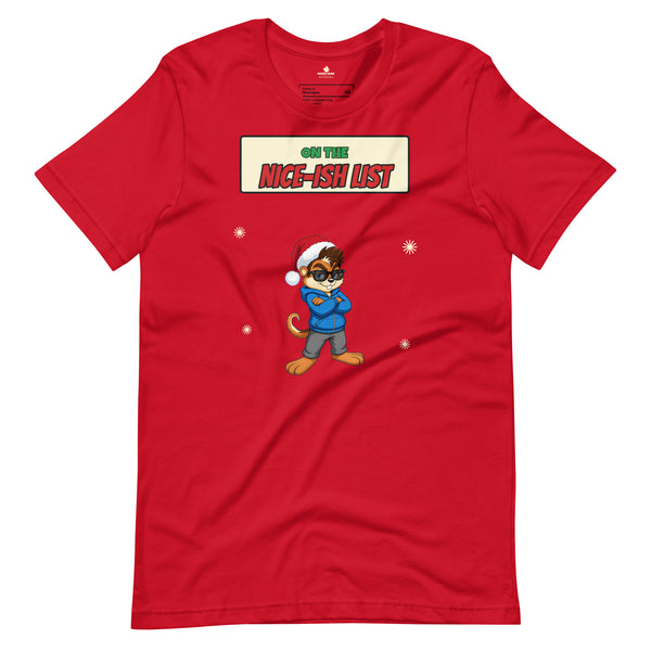 Red Nice-ish List Tee with Morsel Munk in a Santa hat and sunglasses, arms crossed