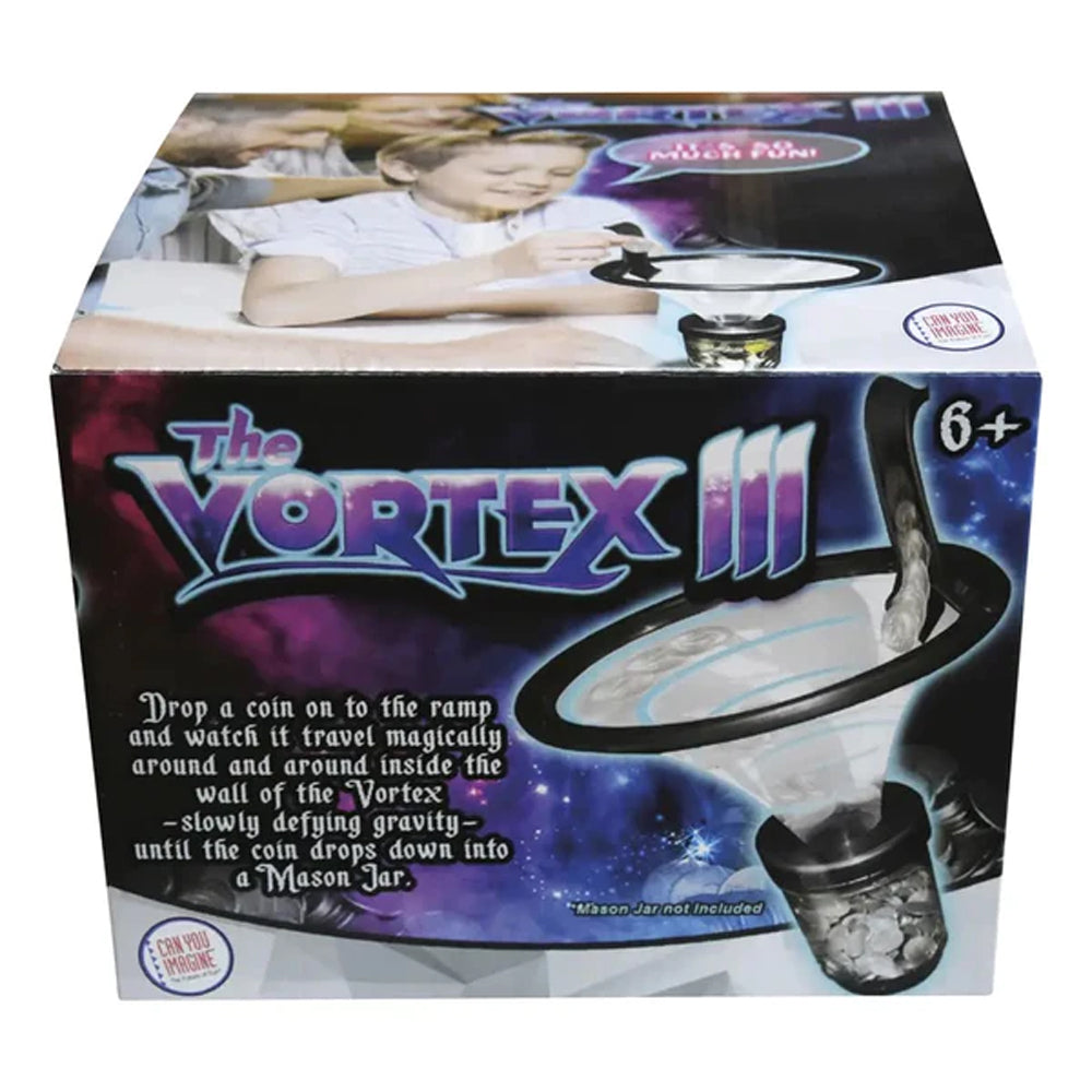 Vortex Bank III retail box with a coin spinning down the funnel