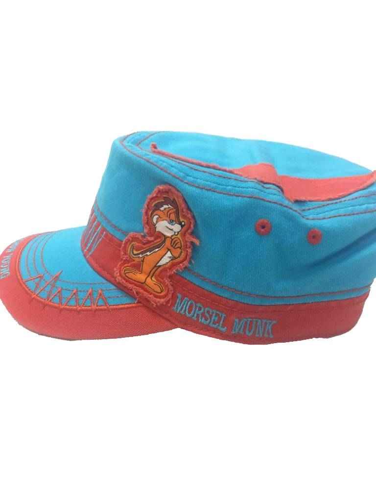 Blue and coral cadet hat with Munk patch and Have Fun Grow Young stitching, side view