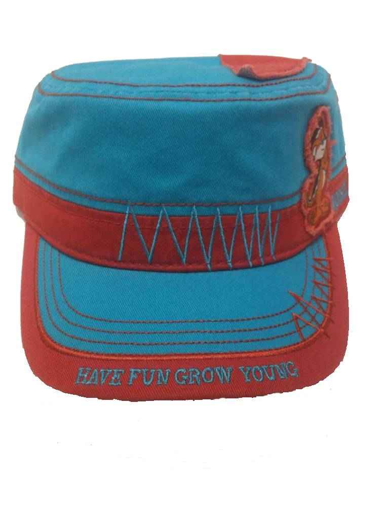 Front of the blue cadet hat with Have Fun Grow Young stitched on the coral brim