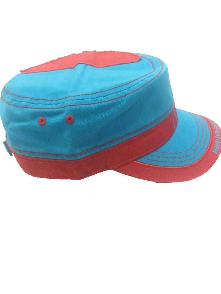 Blue cadet hat with coral brim, other side view