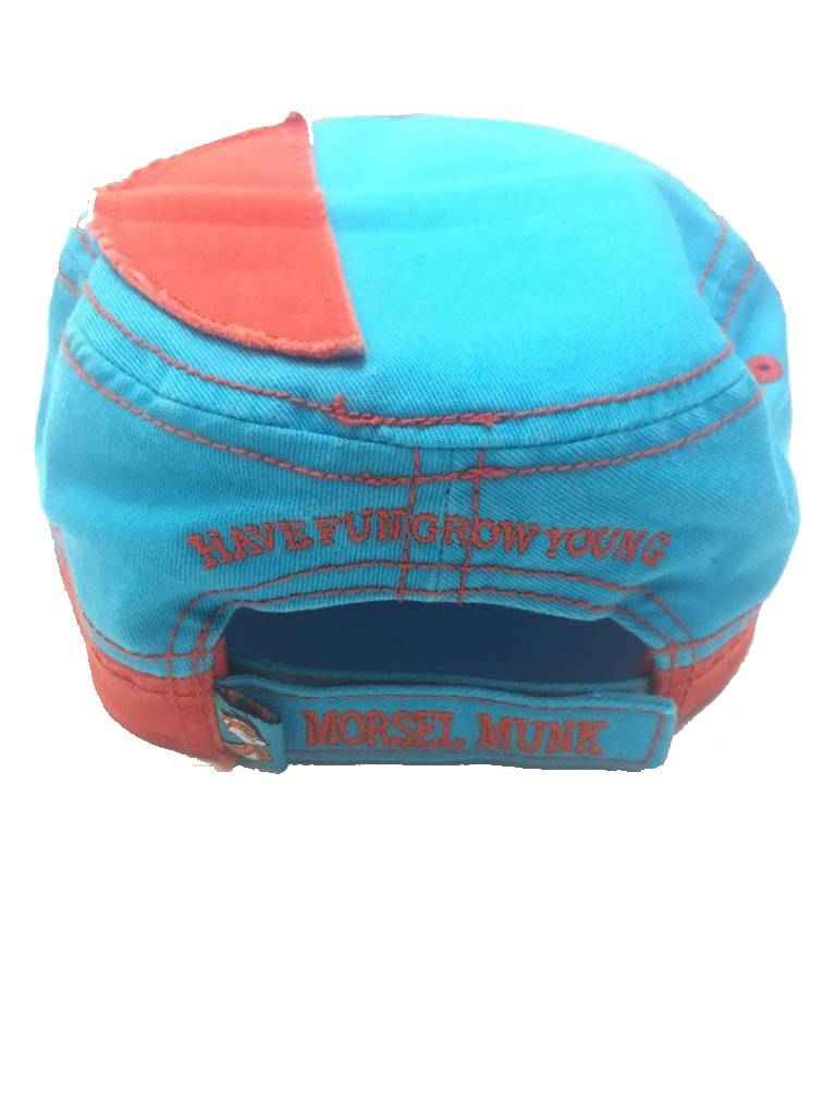 Back of the blue cadet hat with a coral panel and adjustable strap