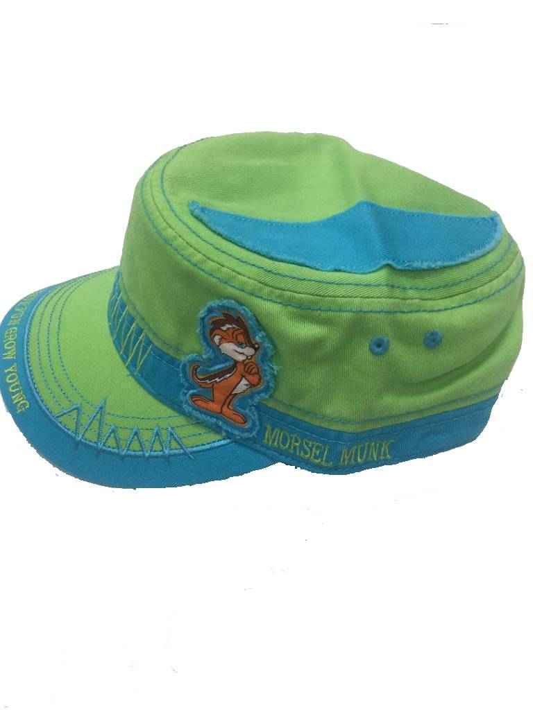 Green and blue cadet hat with an embroidered Munk patch, side view