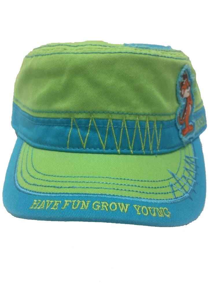 Front of the green cadet hat with Have Fun Grow Young stitched on the blue brim