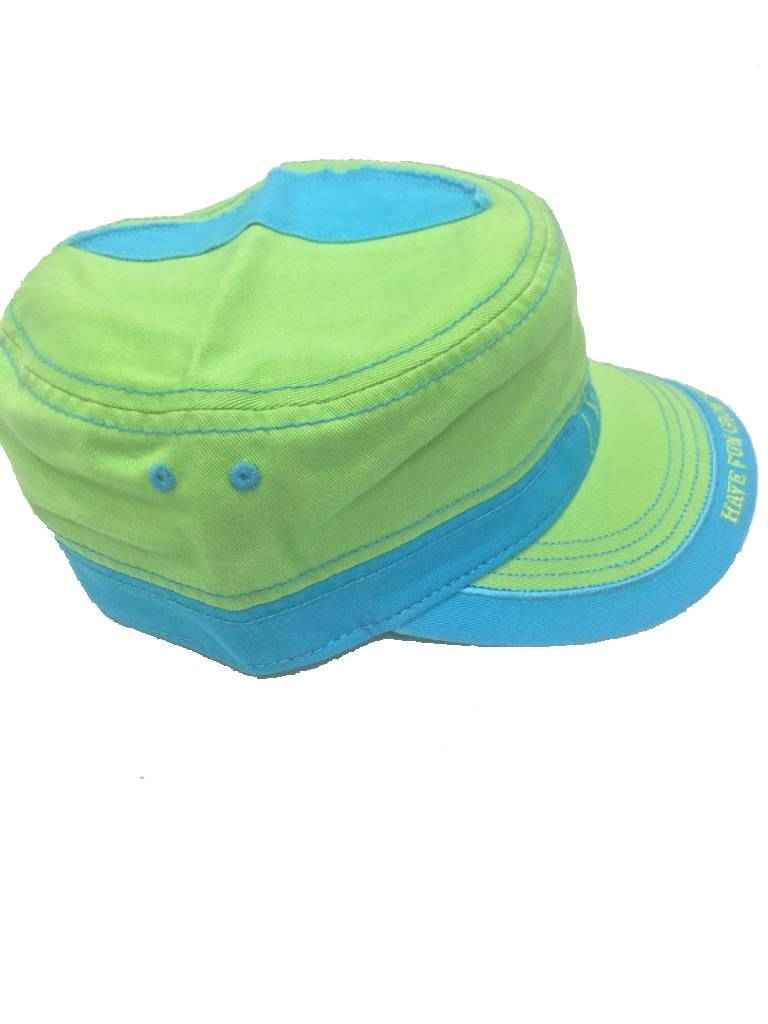 Green cadet hat with blue brim, top side view