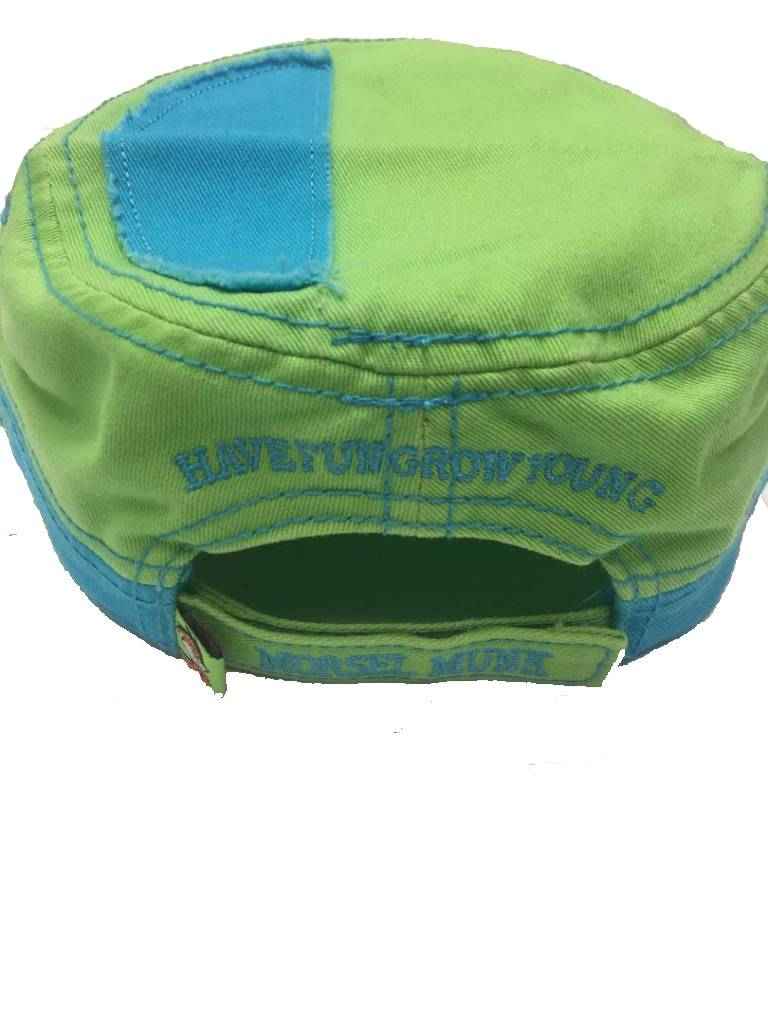 Back of the green cadet hat with Have Fun Grow Young embroidery and strap