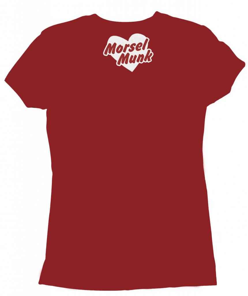 Back of the red V-neck tee with a Morsel Munk heart logo below the collar
