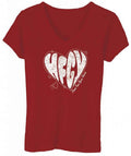 Red women's V-neck tee with a white heart HFGY graphic on the front