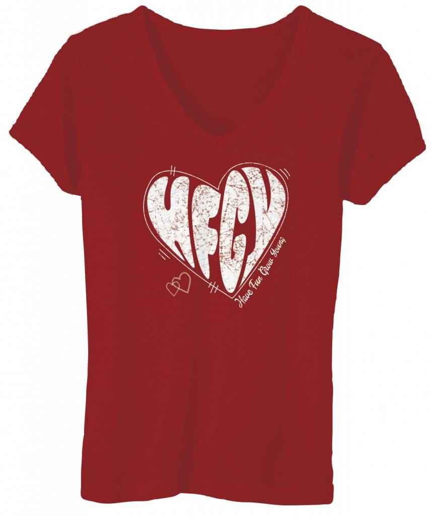 Red women's V-neck tee with a white heart HFGY graphic on the front