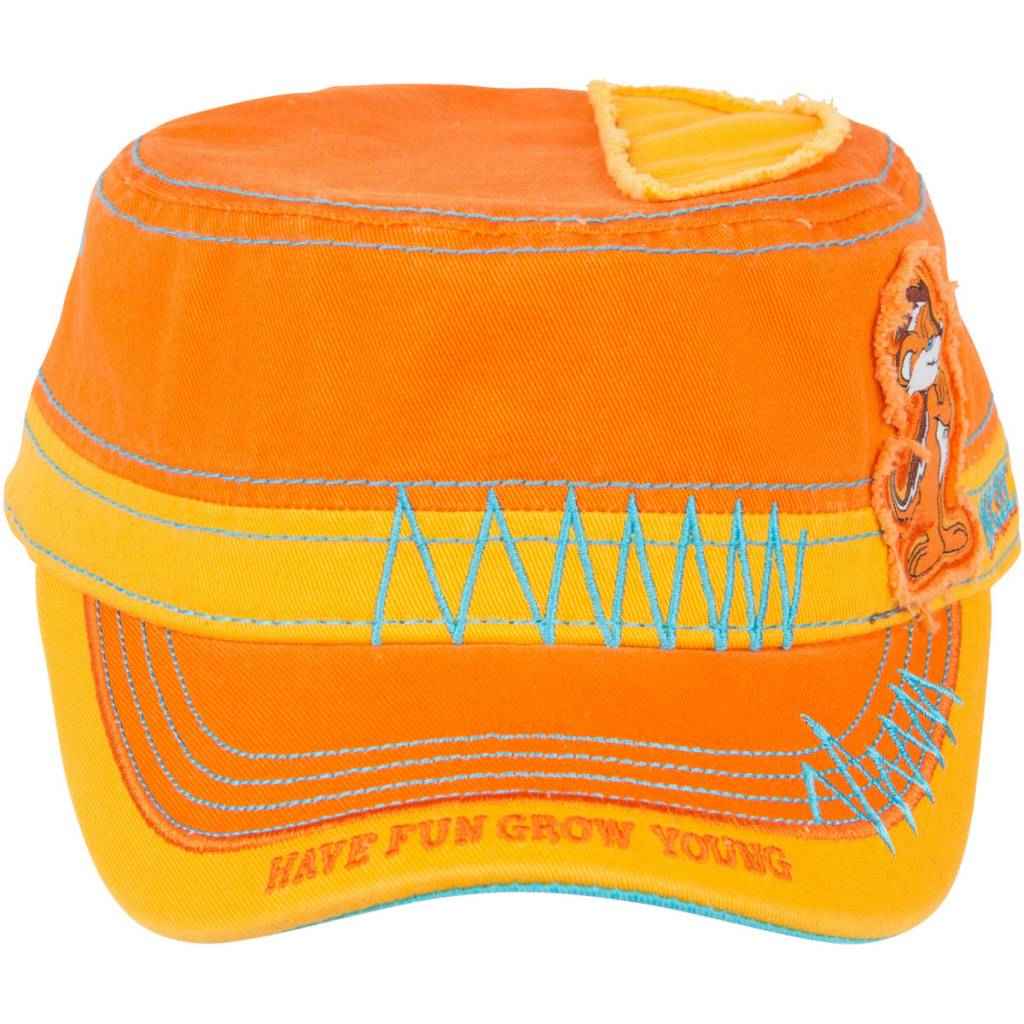 Front of the orange cadet hat with blue zigzag stitching and Munk patch