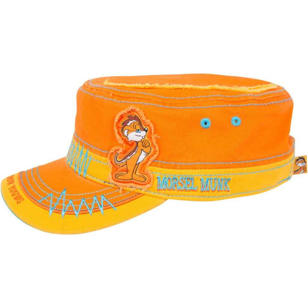 Orange cadet hat with yellow band, Munk patch and Morsel Munk stitching, side view