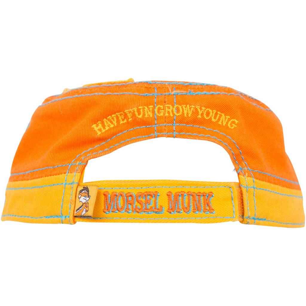 Back of the orange cadet hat with Have Fun Grow Young and Morsel Munk embroidery