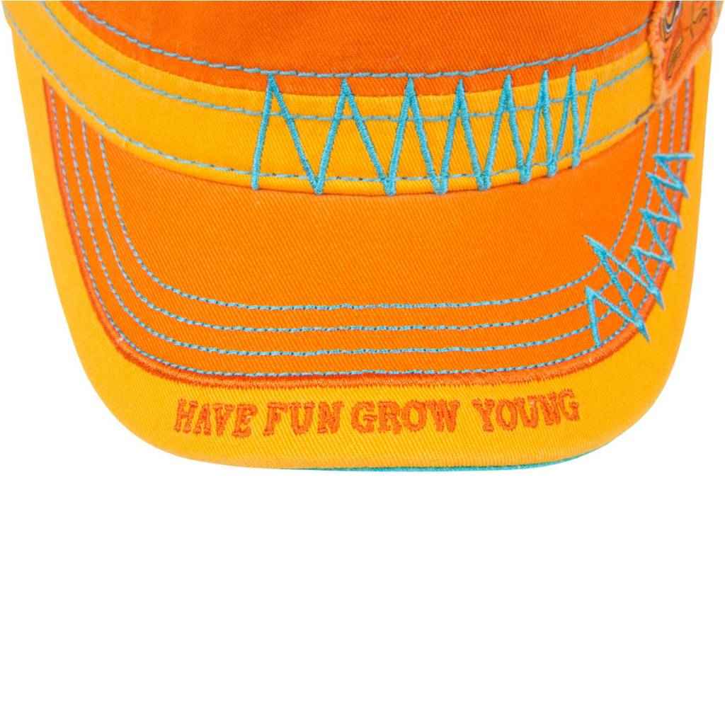 Close view of the orange cadet hat brim stitched with Have Fun Grow Young