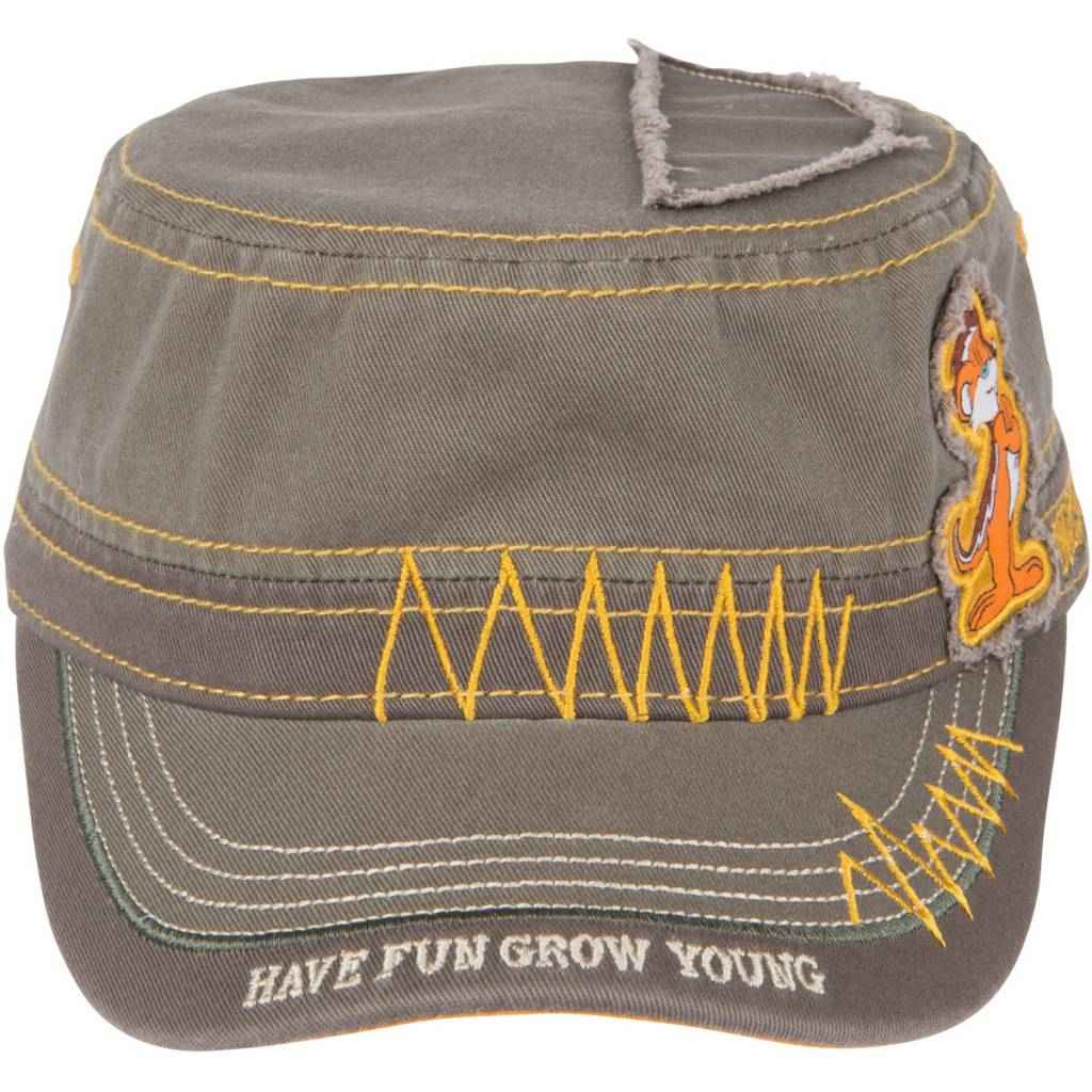 Front of the olive cadet hat with yellow zigzag stitching and Munk patch