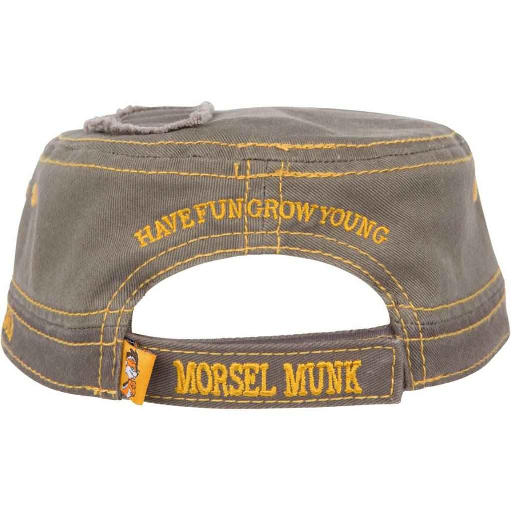Back of the olive cadet hat with Have Fun Grow Young and Morsel Munk embroidery