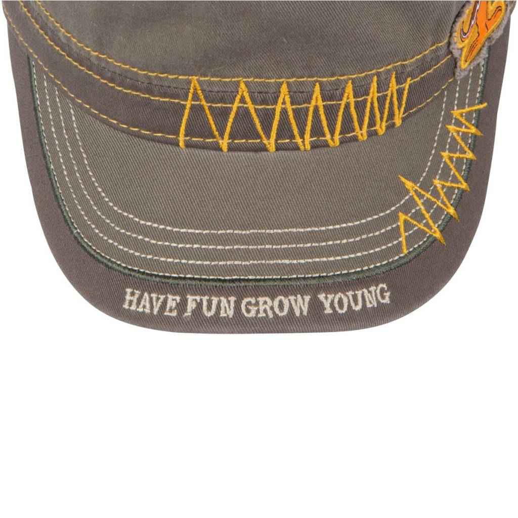 Close view of the olive cadet hat brim stitched with Have Fun Grow Young