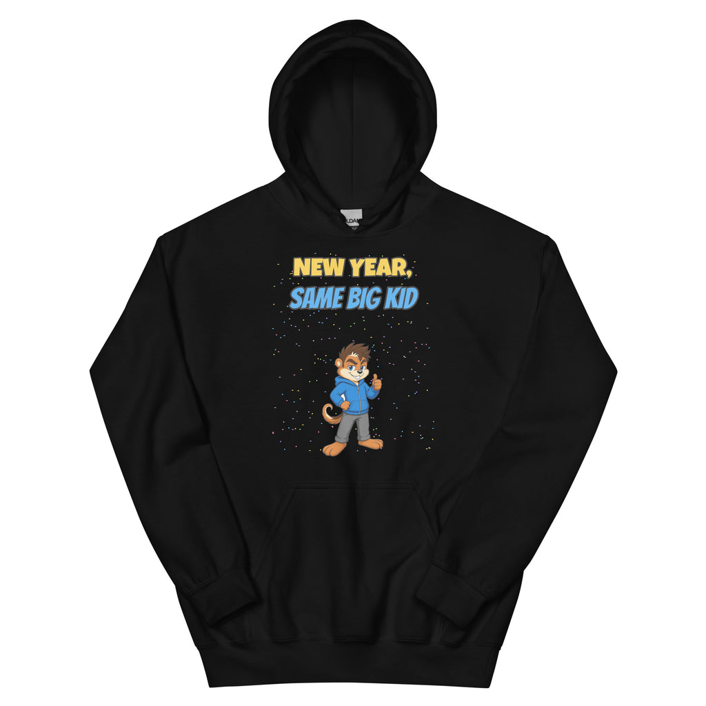 Black New Year, Same Big Kid Hoodie with Morsel Munk giving a thumbs up in confetti