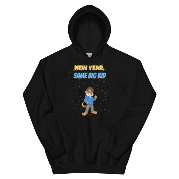Black New Year, Same Big Kid Hoodie with Morsel Munk giving a thumbs up in confetti