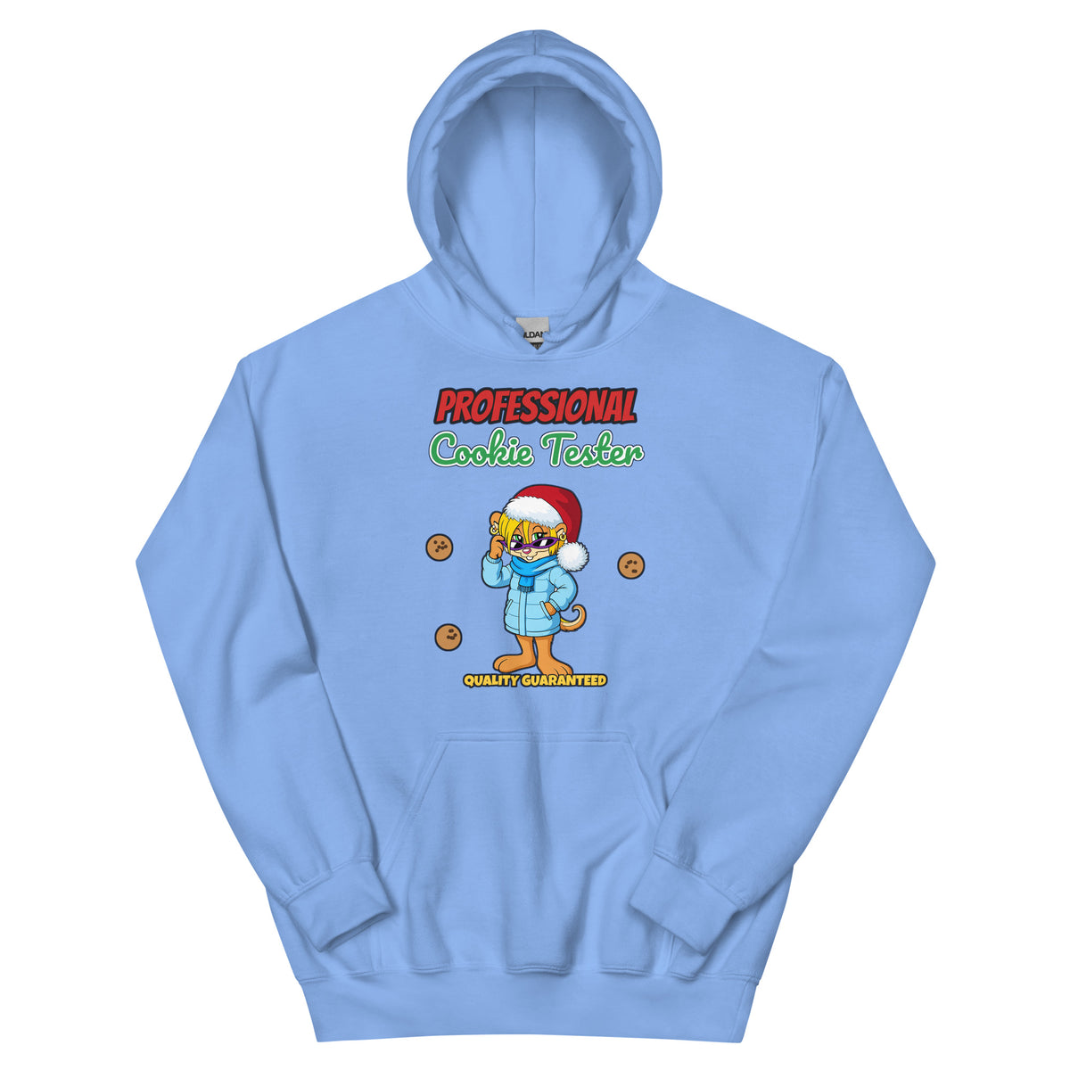 Carolina Blue Professional Cookie Tester Hoodie with Morsel Chik in a Santa hat among cookies
