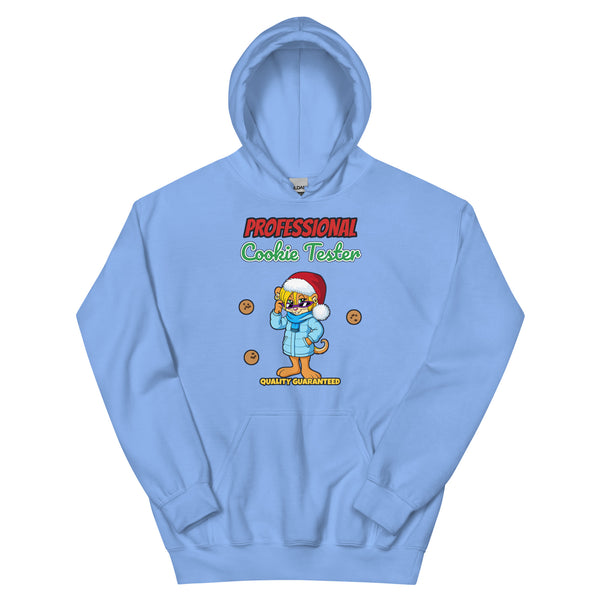 Carolina Blue Professional Cookie Tester Hoodie with Morsel Chik in a Santa hat among cookies