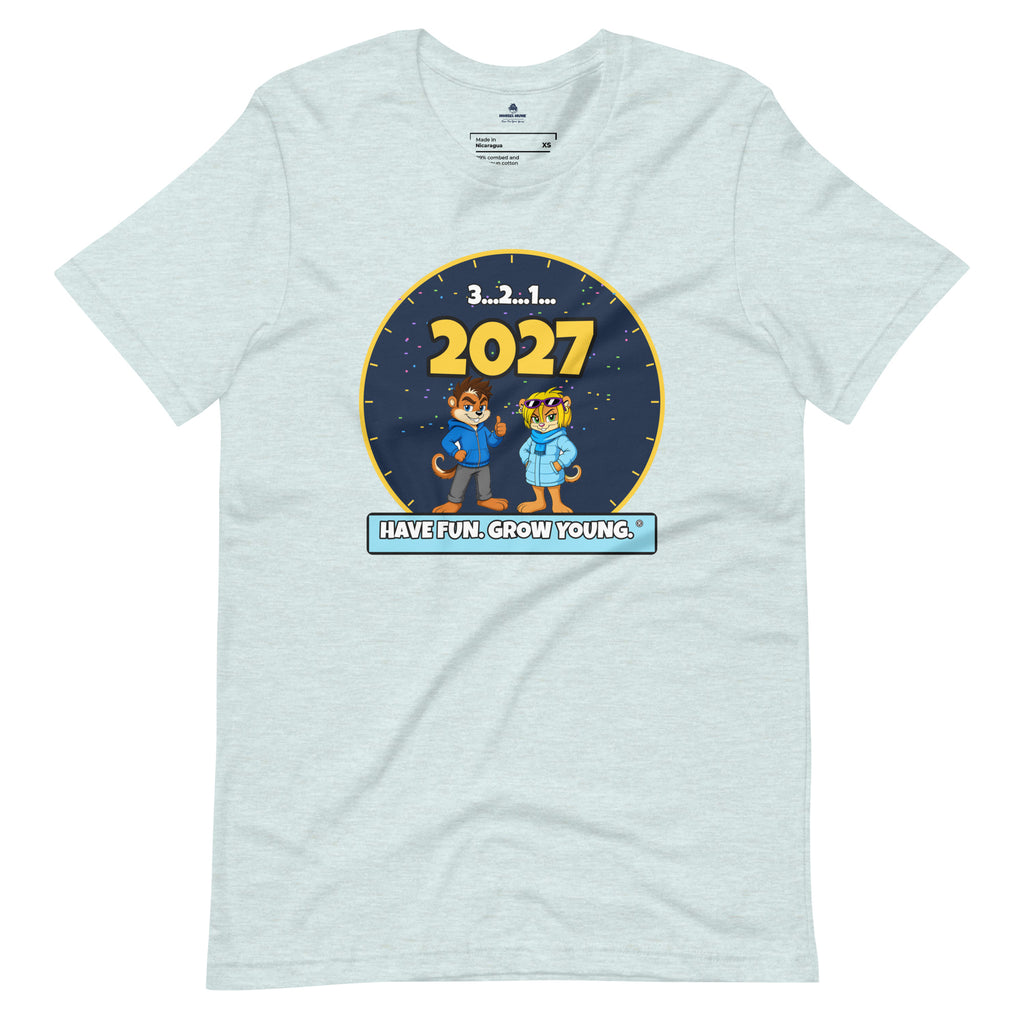 Ice blue 2027 Countdown Badge Tee with Munk and Chik in a Have Fun Grow Young badge