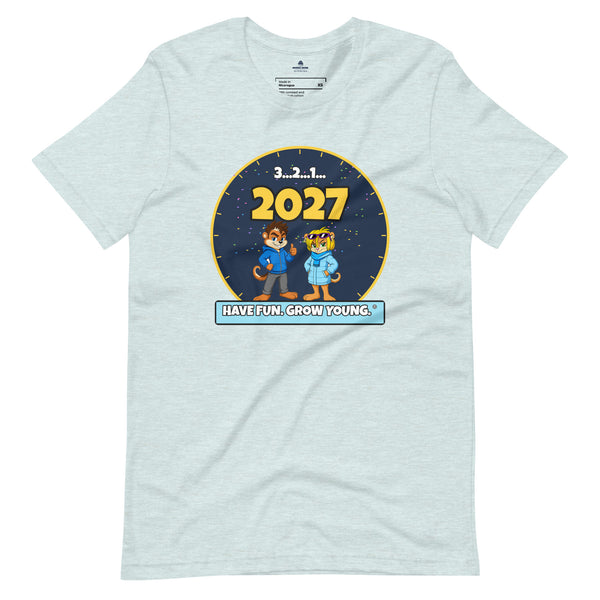 Ice blue 2027 Countdown Badge Tee with Munk and Chik in a Have Fun Grow Young badge