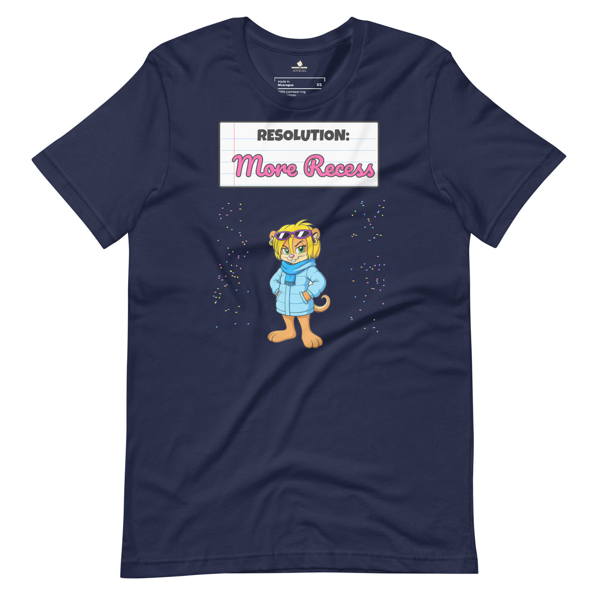 Navy Resolution: More Recess Tee with Morsel Chik in sunglasses and a puffer coat