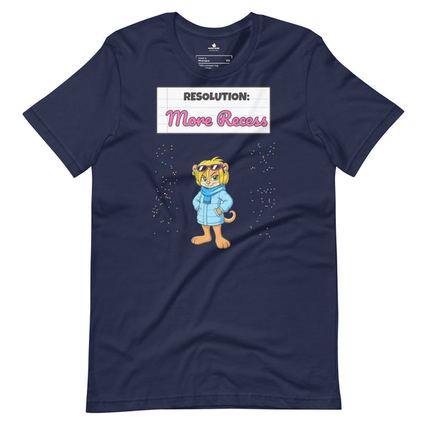 Navy Resolution: More Recess Tee with Morsel Chik in sunglasses and a puffer coat