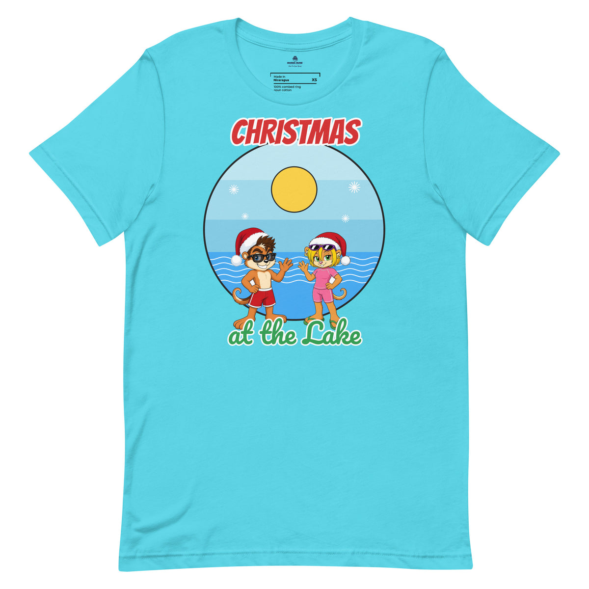 Turquoise Christmas at the Lake Tee with Munk and Chik in Santa hats on a sunny beach