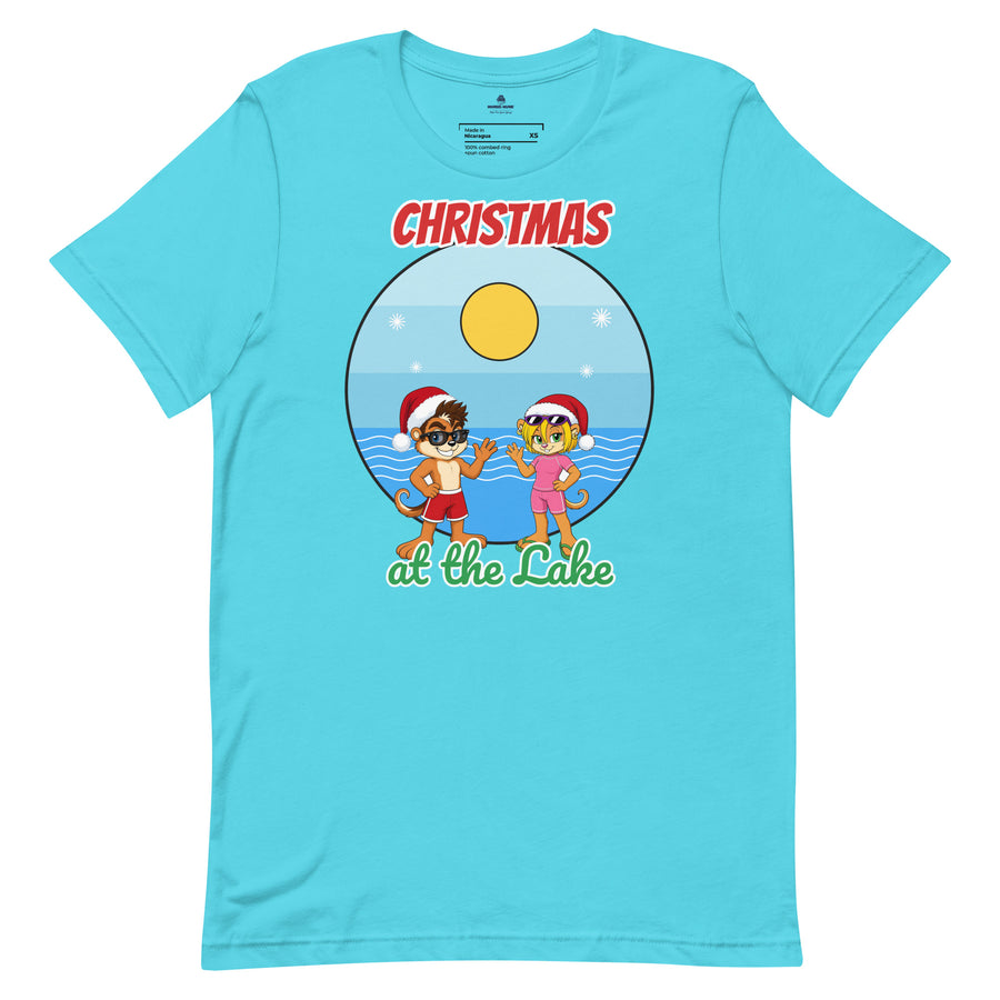 Turquoise Christmas at the Lake Tee with Munk and Chik in Santa hats on a sunny beach